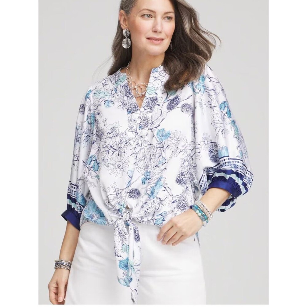 Chico’s Wildflower Floral Tie-Front Batwing Boho Blouse Top Size 16